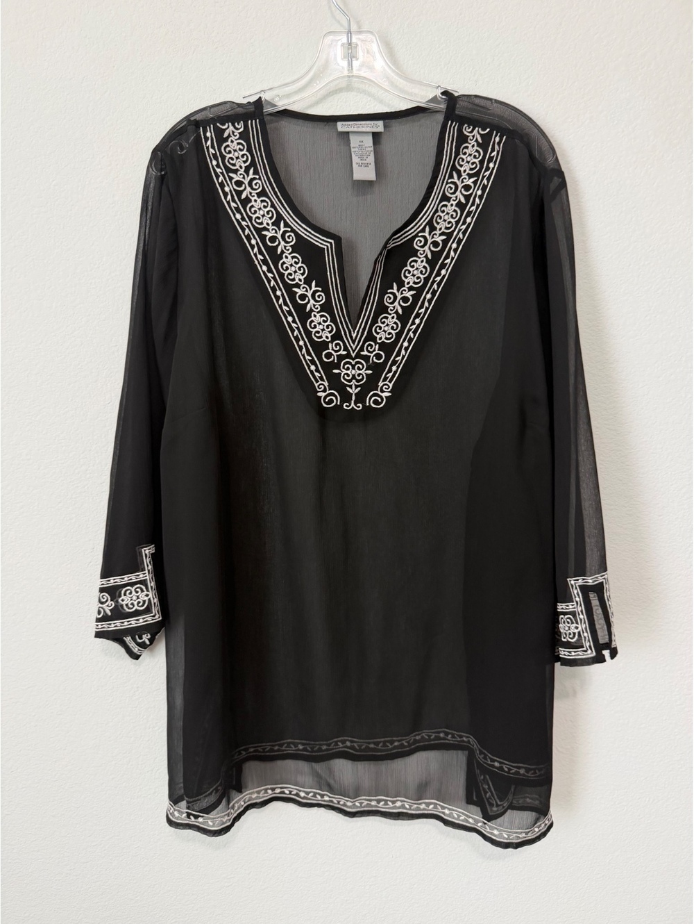CATHERINES 3/4 Sleeve Split V-Neck Embroidered Trim Sheer Blouse Women's Size 1X